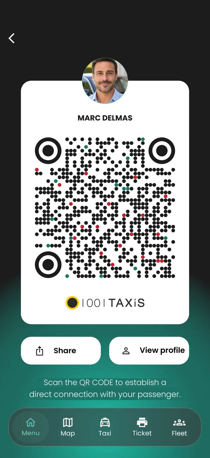 Driver app: a driver's personal QR code, with the Share and View profile buttons