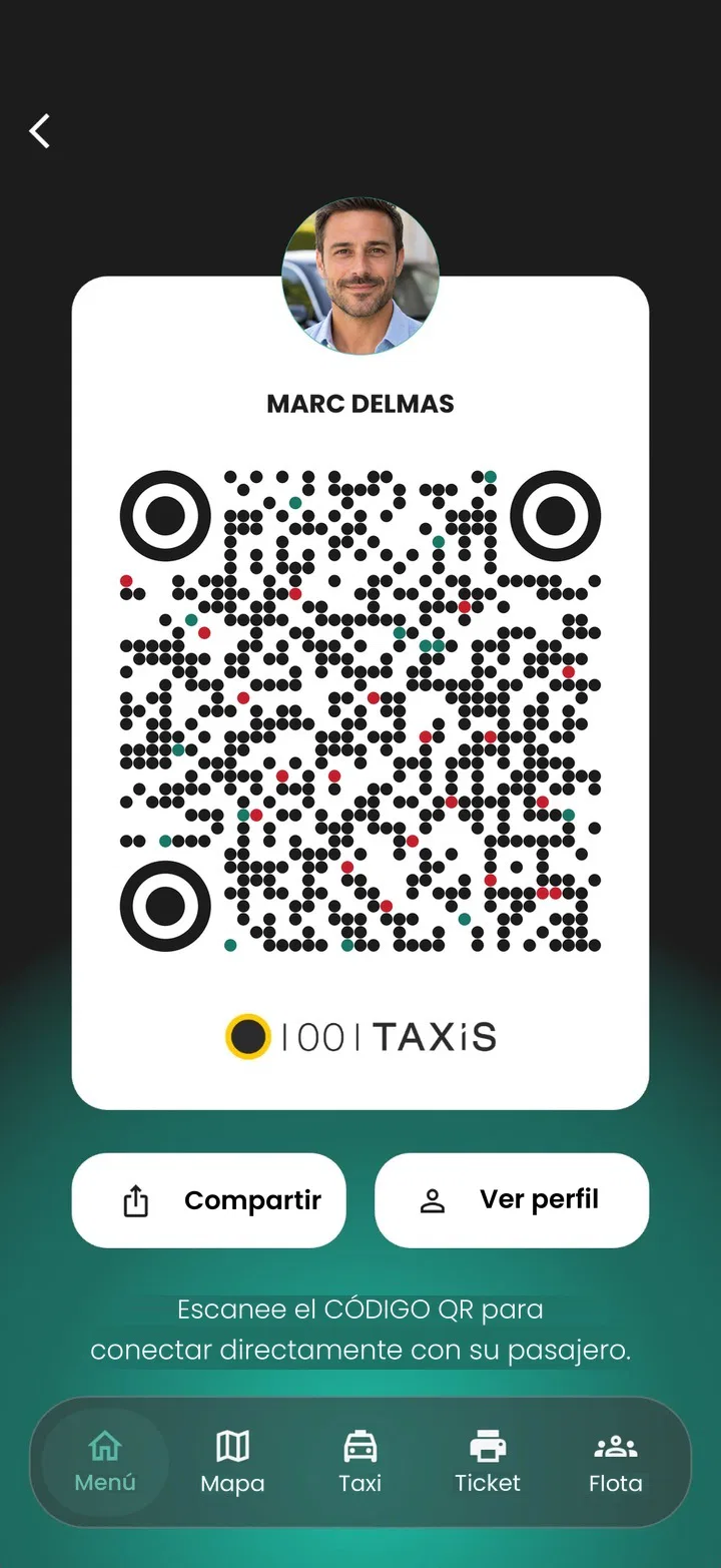 Aplicación del conductor: código QR personal de un conductor, con los botones Compartir y Ver perfil