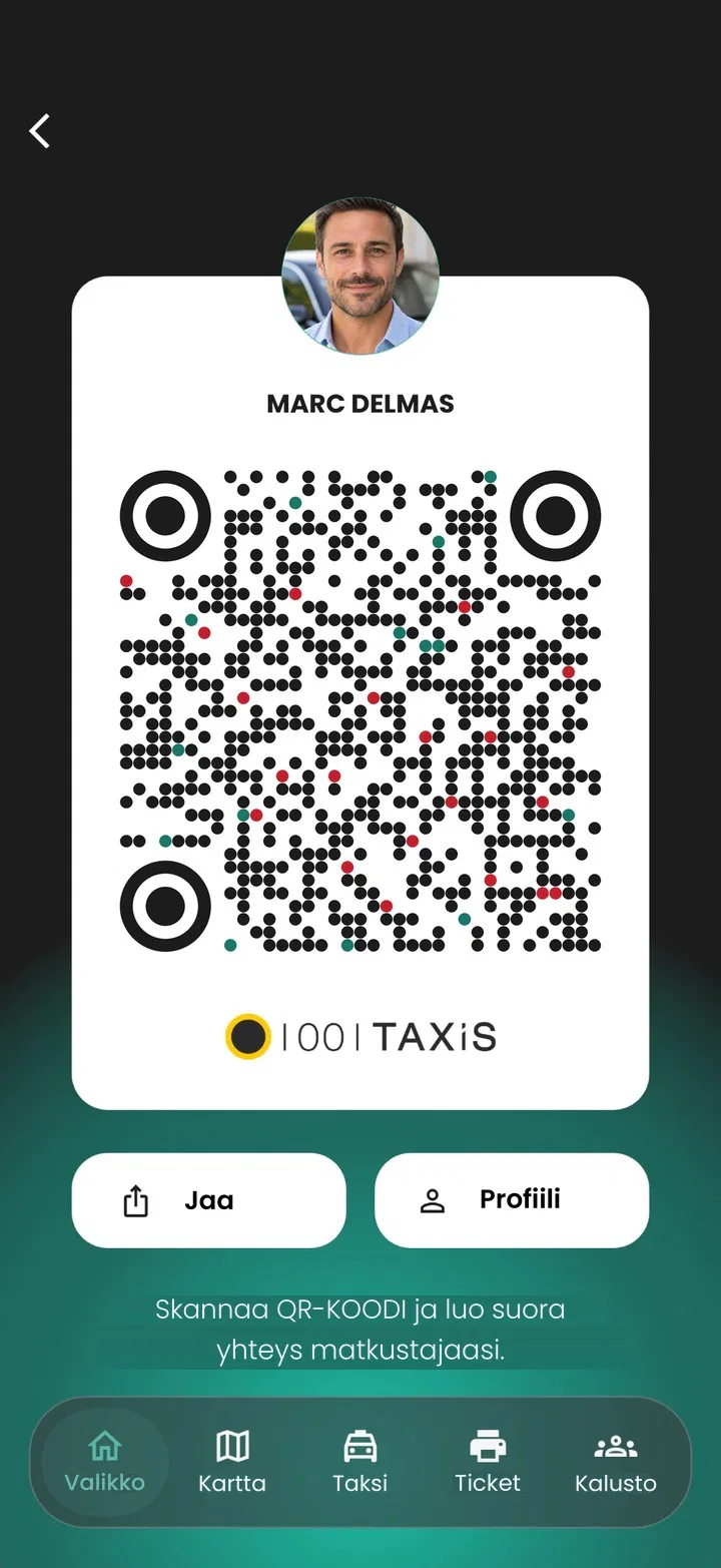 Kuljettajan sovellus: kuljettajan henkilökohtainen QR-koodi sekä Jaa- ja Profiili-painikkeet