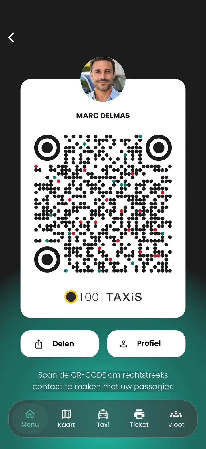 Chauffeursapp: de persoonlijke QR-code van een chauffeur, met de knoppen Delen en Profiel