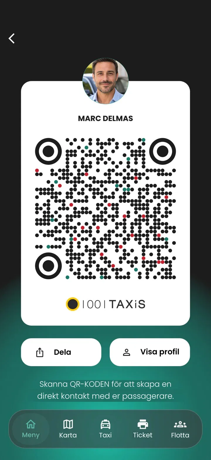 Förarappen: en förares personliga QR-kod, med knapparna Dela och Visa profil