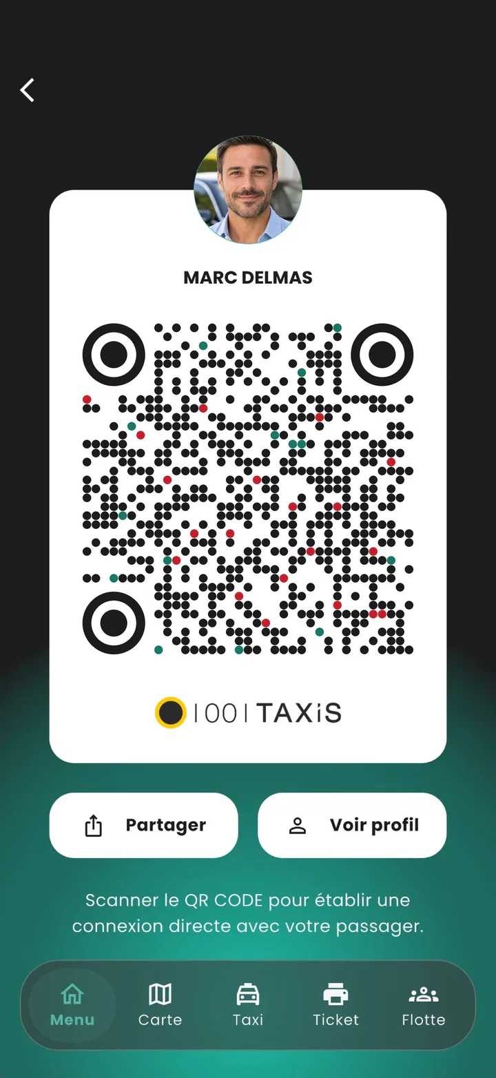 Application chauffeur : QR code personnel d'un chauffeur, avec les boutons Partager et Voir profil