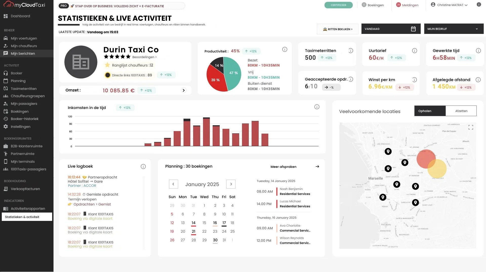myCloudTaxi-webomgeving: statistieken en activiteit