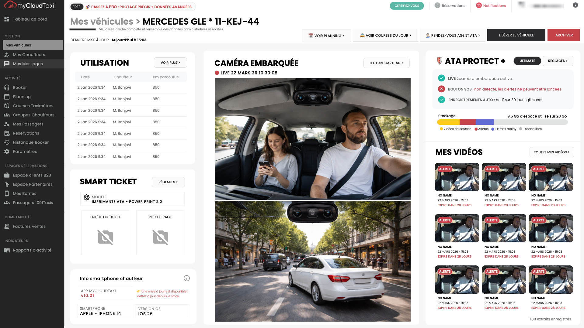 Fiche véhicule myCloudTaxi avec caméra embarquée et mes vidéos