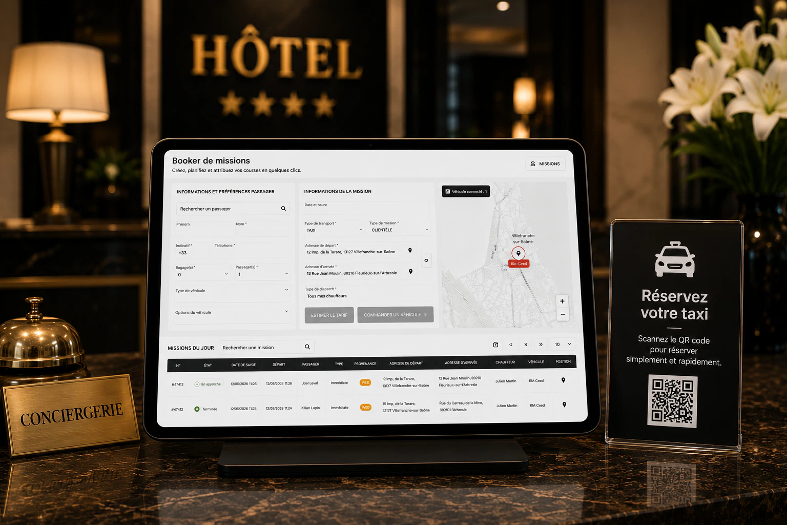 Booker de missions myCloudTaxi sur la tablette d'une conciergerie d'hôtel