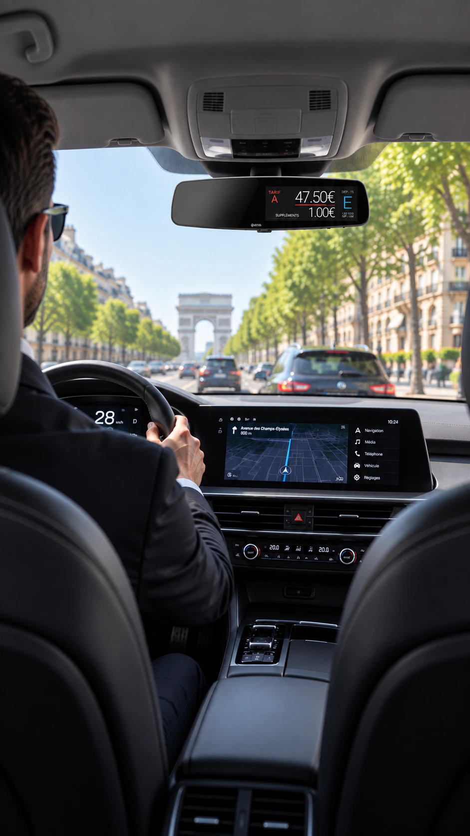 AIR W ULTRA monté en rétroviseur dans l’habitacle d’un taxi